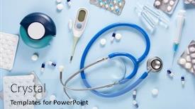  Presentation with emergency medicine - Amazing slide set having pills-stethoscope-syringe-asthma-inhaler backdrop and a light blue colored foreground