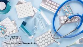  Presentation with emergency medicine - Beautiful PPT theme featuring pills-stethoscope-syringe-asthma-inhaler backdrop and a light blue colored foreground
