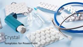  Presentation with emergency medicine - Slide set with pills-stethoscope-syringe-asthma-inhaler background and a light blue colored foreground