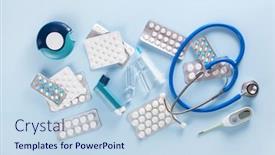  Presentation with emergency medicine - PPT layouts enhanced with pills-stethoscope-syringe-asthma-inhaler background and a light blue colored foreground