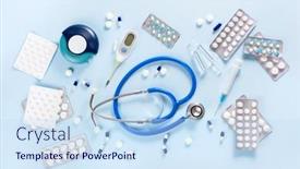  Presentation with emergency medicine - Cool new PPT theme with pills-stethoscope-syringe-asthma-inhaler backdrop and a sky blue colored foreground