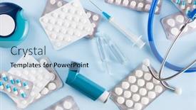  Presentation with emergency medicine - PPT theme having pills-stethoscope-syringe-asthma-inhaler background and a light blue colored foreground
