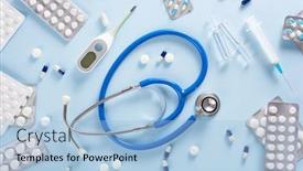  Presentation with medical virus - PPT layouts consisting of pills-stethoscope-syringe-capsule-medicine background and a light blue colored foreground