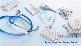  Presentation with flu virus - PPT theme consisting of pills-stethoscope-syringe-capsule-medicine background and a sky blue colored foreground