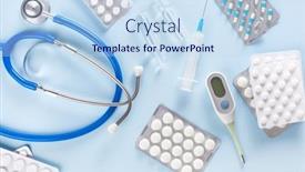  Presentation with flu virus - Beautiful slides featuring pills-stethoscope-syringe-capsule-medicine backdrop and a sky blue colored foreground