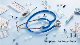  Presentation with virus disease - Slide set consisting of pills-stethoscope-syringe-capsule-medicine background and a light blue colored foreground