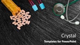  Presentation with test tubes - Slide deck consisting of pills-syringes-stethoscope-and-test background and a dark gray colored foreground