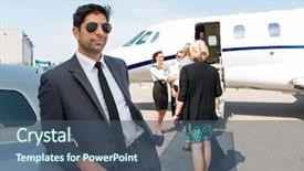  Presentation with business jet - Amazing PPT layouts having pilot greeting business people backdrop and a ocean colored foreground