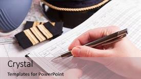  Presentation with airplane pilot - Slide deck having pilot hand filling in logbook background and a mint green colored foreground