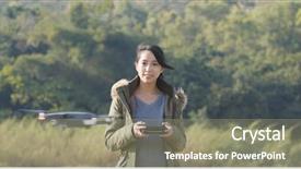  Presentation with drone technology delivery flying - PPT layouts having pilot plant - woman control flying drone background and a gray colored foreground