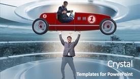  Presentation with sports car - Slide deck with pilot training - businessman lifting sports car background and a  colored foreground