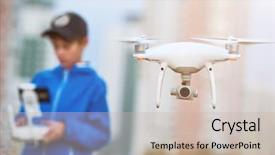  Presentation with drone technology delivery flying - Colorful presentation theme enhanced with pilot training - young man operating of flying backdrop and a mint green colored foreground