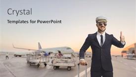  Presentation with pilot - Presentation design featuring pilot-with-a-suitcase-gesturing background and a light gray colored foreground