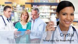  Presentation with doctor asian - PPT theme featuring family drugs - asian doctor woman with pills background and a light blue colored foreground