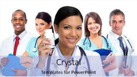  Presentation with doctor asian - Beautiful PPT theme featuring phisician - asian doctor woman with pills backdrop and a coral colored foreground