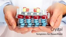  Presentation with health-care - PPT theme enhanced with analgesics - doctor hands with pills health background and a coral colored foreground