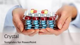  Presentation with health care - Amazing presentation theme having analgesics - doctor hands with pills health backdrop and a coral colored foreground