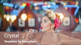  Presentation with cafe - Colorful slide set enhanced with pin - young woman in retro cafe backdrop and a coral colored foreground