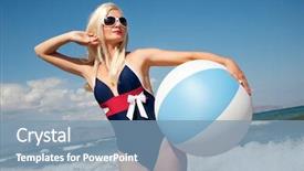  Presentation with beach ball - PPT theme having pin up girl with a ball on a beach background and a teal colored foreground