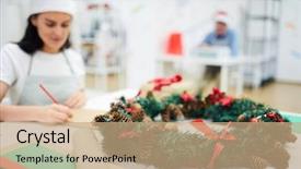  Presentation with christmas ribbon festive - Colorful slide deck enhanced with pine cones place on office backdrop and a  colored foreground