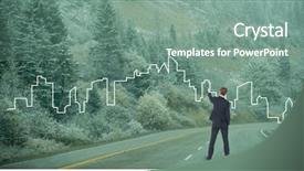 Presentation with business road map - Audience pleasing presentation consisting of pine tree 3d - business man drawing a cityon backdrop and a seafoam green colored foreground