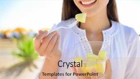  Presentation with healthy snack - Beautiful PPT layouts featuring pineapple - woman eating sliced hawaiian backdrop and a coral colored foreground