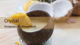  Presentation with coconut shell - Beautiful PPT theme featuring pineapple cocktail in coconut shell backdrop and a gold colored foreground