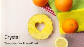  Presentation with pineapple - Presentation design having pineapple slice with cut in shape of heart and different fruits on table close up background and a lemonade colored foreground