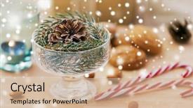  Presentation with christmas candy - Slide set having pinecones - christmas and winter holidays concept background and a soft green colored foreground