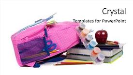  Presentation with school apple - Audience pleasing theme consisting of blue backpack with school supplies backdrop and a white colored foreground