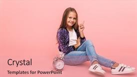  Presentation with pretty girl - PPT layouts with pink background holding alarm clock background and a coral colored foreground
