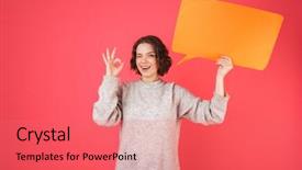  Presentation with business woman standing on maze - PPT theme featuring pink background holding empty speech background and a coral colored foreground