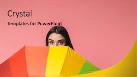  Presentation with emotions face speech - Cool new PPT theme with pink background holding rainbow umbrella backdrop and a  colored foreground