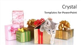  Presentation with bright white - Cool new theme with pink background ribbon - funny kitten and bright gifts backdrop and a  colored foreground