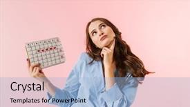  Presentation with young woman wearing boxer gloves - Slide deck with pink background showing menstrual calendar background and a light blue colored foreground