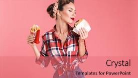  Presentation with burger fries - PPT layouts enhanced with pink background wall holding french background and a coral colored foreground