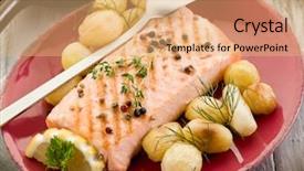  Presentation with salmon grilled fish salmon grilled - Theme consisting of pink background wood - grilled salmon with roasted potatoes background and a coral colored foreground