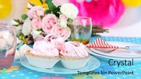  Presentation with table setting - Beautiful slide deck featuring pink balloon - festive table setting for birthday backdrop and a light blue colored foreground