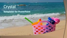  Presentation with beach bag - Amazing slide set having pink beach bag in the sand near the water line at the spanish beach backdrop and a ocean colored foreground