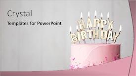  Presentation with happy birthday cake - Cool new slide deck with pink-birthday-cake-with-gold backdrop and a light gray colored foreground