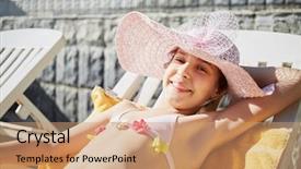  Presentation with smiling little girl - Beautiful slide deck featuring pink broad pink - smiling girl in wide-brimmed sun backdrop and a coral colored foreground