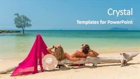  Presentation with women - Cool new slide deck with pink broad pink - two women sitting the beach backdrop and a  colored foreground