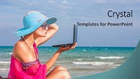  Presentation with sitting teddy bear isolated - Slide deck consisting of pink broad pink - woman sitting on a deck background and a  colored foreground