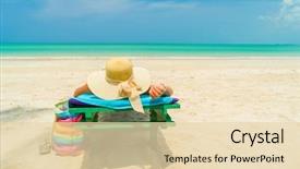  Presentation with beach - Colorful slide deck enhanced with pink broad pink - woman sitting on a deck backdrop and a  colored foreground