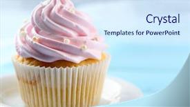  Presentation with crystal pink quartzs - Audience pleasing presentation design consisting of pink cupcake on wooden background backdrop and a sky blue colored foreground