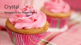  Presentation with checkered tablecloth - PPT theme featuring pink cupcake with candies background and a coral colored foreground