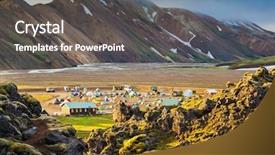  Presentation with iceland - Slide set having pink dawn in the iceland striped mountains of rhyolite covered the warm sunshine in valley of the park is located tourist camping background and a dark gray colored foreground