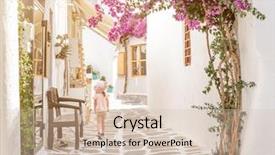  Presentation with pink flowers - PPT theme with pink flowers between whitewashed building background and a soft green colored foreground