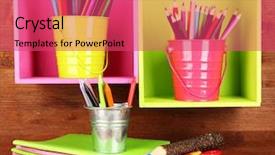  Presentation with pencils - Cool new presentation theme with pink green - colorful pencils in pails backdrop and a red colored foreground
