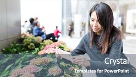  Presentation with flower woman - Presentation featuring pink hydrangea bush - woman taking photo on flower background and a  colored foreground